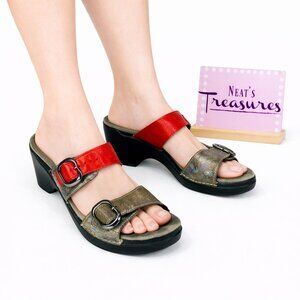 Dansko SOPHIE Red & Multi Colored Leather Band Buckle Slide Sandals Size 38 US 8